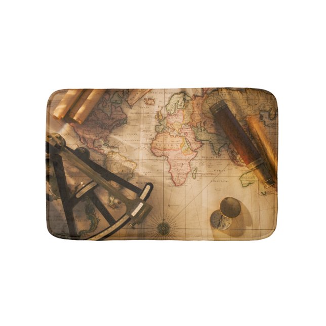 Octant, Compass And Telescope On Nautical Map Bath Mat (Front)