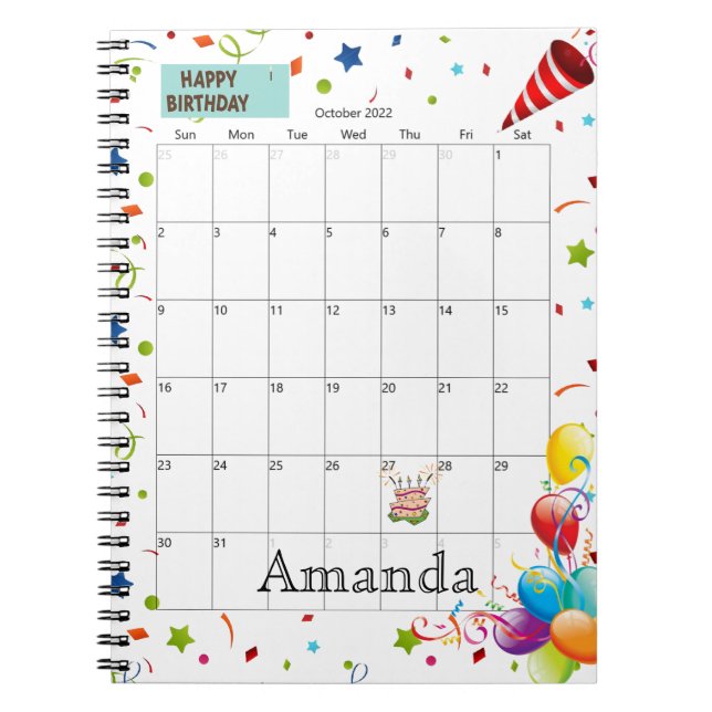 October 2022 Calendar Happy Birthday Notebook (Front)