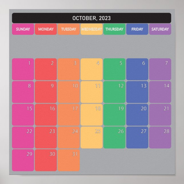 October 2023 planer calendar colour days poster (Front)