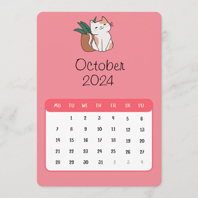 October 2024 Stand Alone Cat And Plant Calendar Menu (Front)