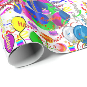 October, 3 Birthday Gift Wrapping Paper
