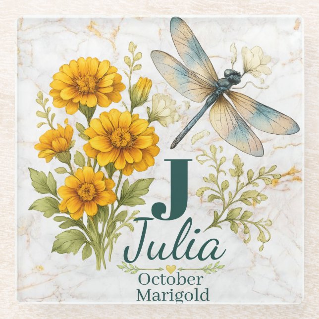 October Birth Flower Marigold & Dragonfly Glass Coaster (Front)