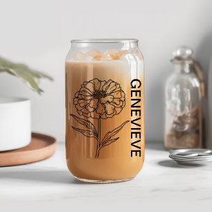October Birth Flower Marigold with Custom Name Can Glass