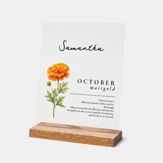October Birth Month Flower Marigold Personalised Acrylic Sign (Angle)