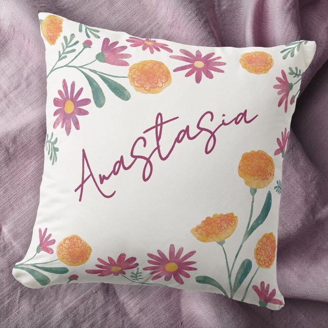 October Birth Month Marigold Cosmos Personalised Cushion (October birthday personalized birth month flower marigold cosmos floral watercolor throw pillow gift)