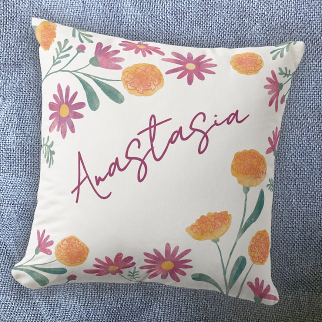 October Birth Month Marigold Cosmos Personalised Cushion (October birthday personalized birth month flower marigold cosmos floral watercolor throw pillow gift)