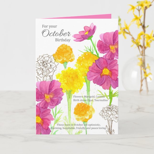 October Birthday Cosmos Marigold Birth Month Card (Yellow Flower)