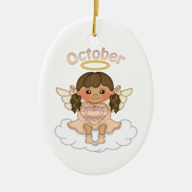 October Birthstone Angel Brunette Ceramic Tree Decoration (Front)