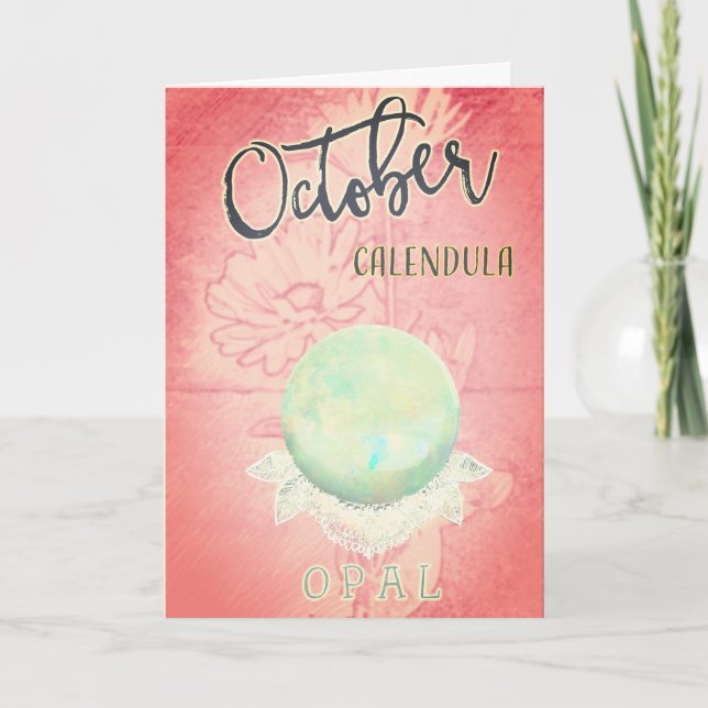 October Calendula and Opal Birthday Card (Front)