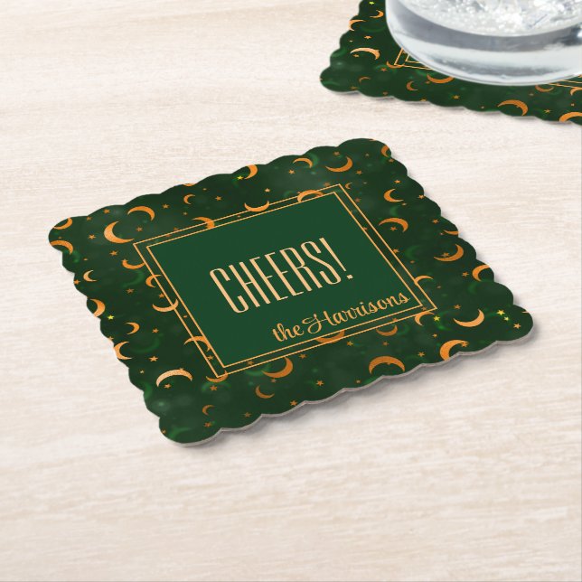 October Crescent Moons & Stars Green Bokeh Pattern Paper Coaster (Angled)
