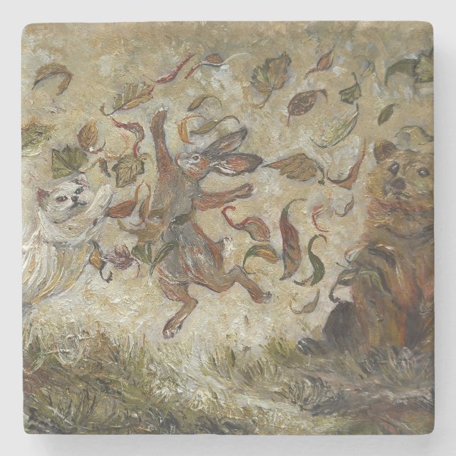 October Fun Whimsical Autumn Forest Animals  Stone Coaster (Front)