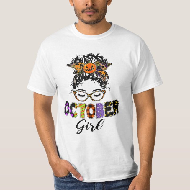 October Girl Halloween Messy Bun T-Shirt (Front)