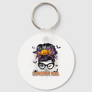 October Girl Messy Hair Bun Birthday Halloween Pum Key Ring