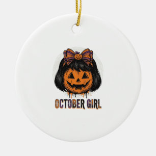 October Girl Pumpkin Bow Halloween Vector Design_1 Ceramic Tree Decoration