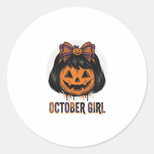 October Girl Pumpkin Bow Halloween Vector Design_1 Classic Round Sticker