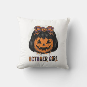 October Girl Pumpkin Bow Halloween Vector Design_1 Cushion
