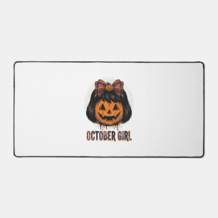 October Girl Pumpkin Bow Halloween Vector Design_1 Desk Mat