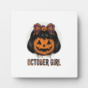 October Girl Pumpkin Bow Halloween Vector Design_1 Plaque