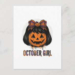 October Girl Pumpkin Bow Halloween Vector Design_1 Postcard