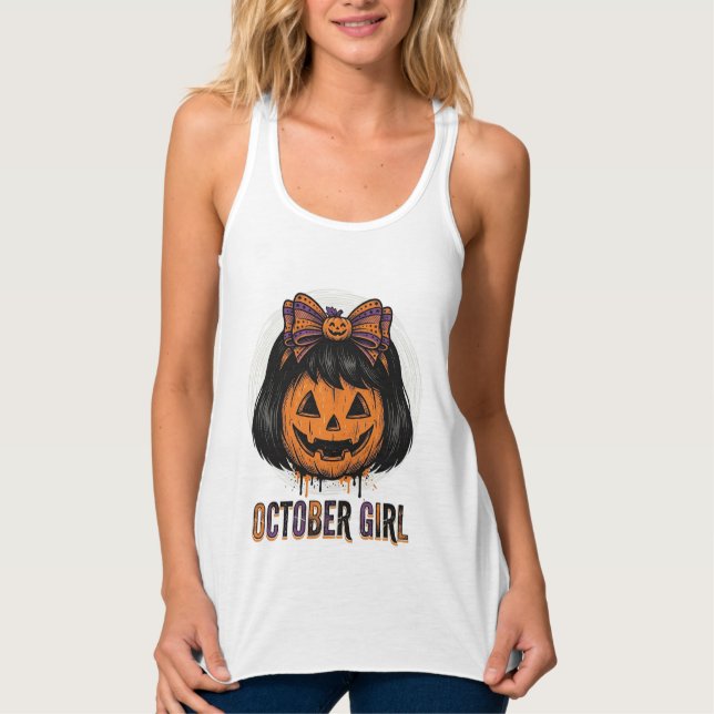 October Girl Pumpkin Bow Halloween Vector Design_1 Singlet (Front)