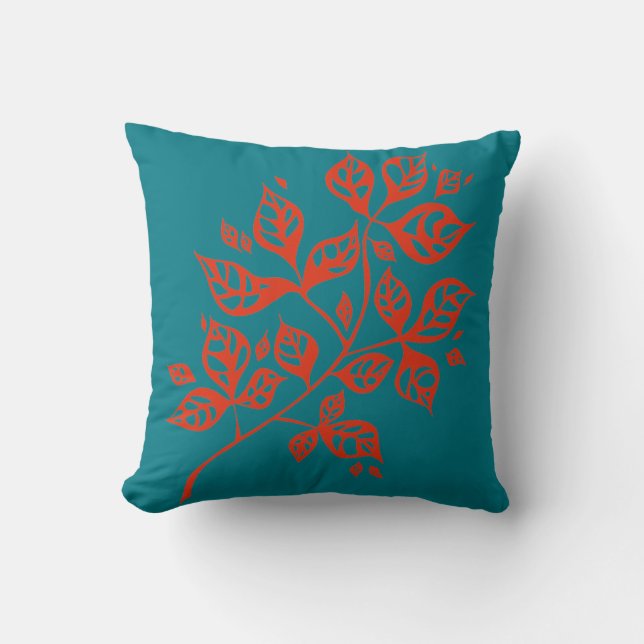 October Leaves Throw Cushion - Orange & Teal (Front)