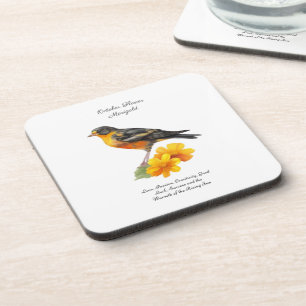 October Marigold Flower and Bird Birth Coaster