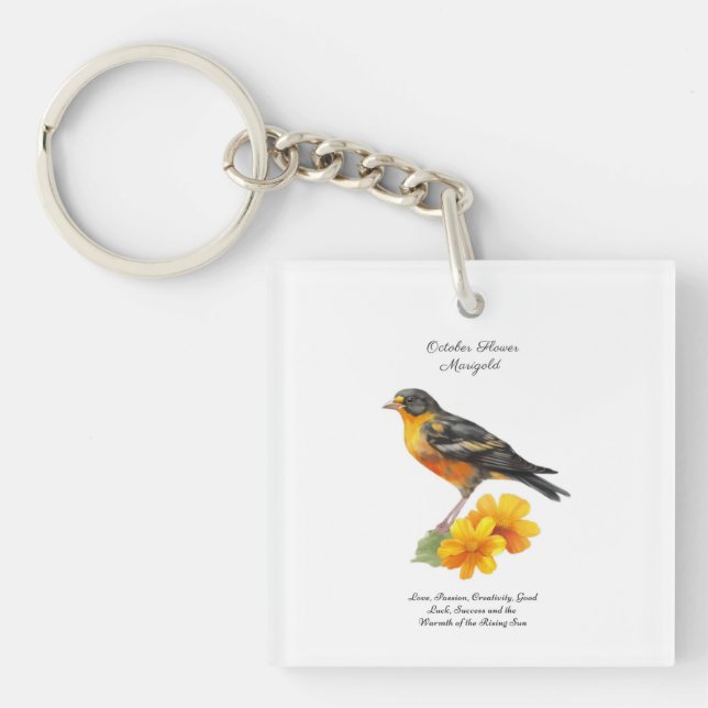 October Marigold Flower and Bird Birth          Key Ring (Front)