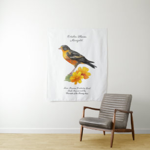 October Marigold Flower and Bird Birth Tapestry