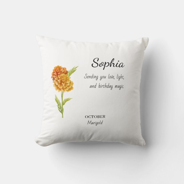 October Marigold Personalised Birthday Cushion (Front)