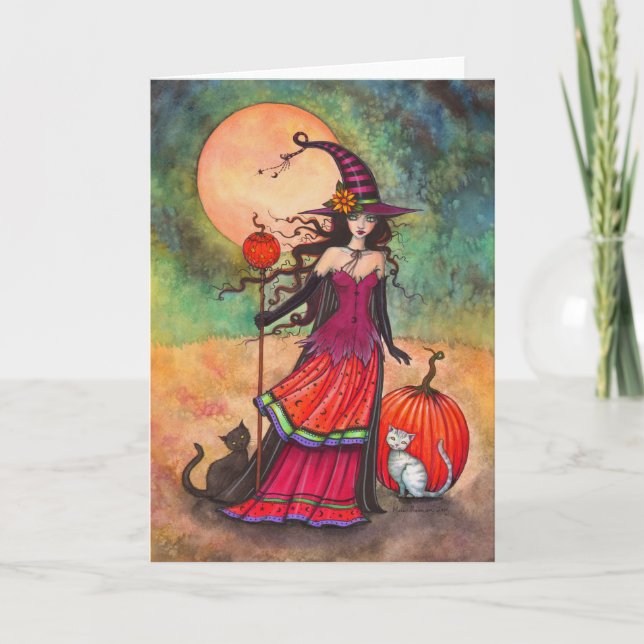 October Moon Halloween Witch and Cats Illustration Card (Front)