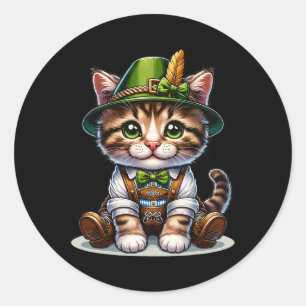 October Party Cat Funny German Bavarian Lederhosen Classic Round Sticker