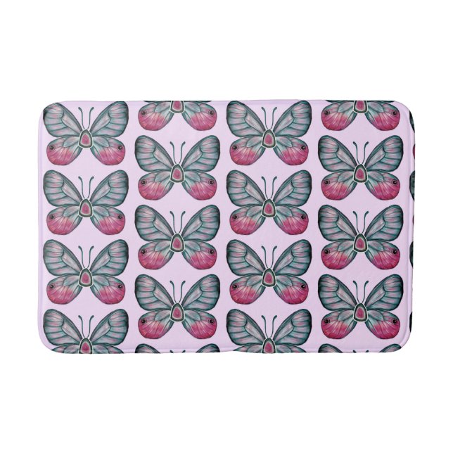 October Pink Glasswing Butterfly Pattern Design Bath Mat (Front)