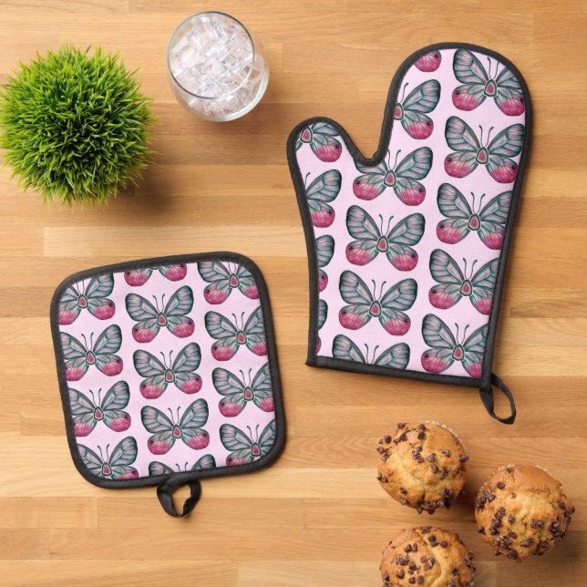 October Pink Glasswing Butterfly Pattern Design Oven Mitt & Pot Holder Set (Top Down)