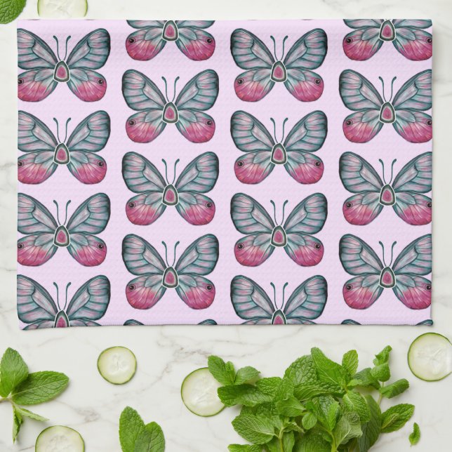 October Pink Glasswing Butterfly Pattern Design Tea Towel (Folded)