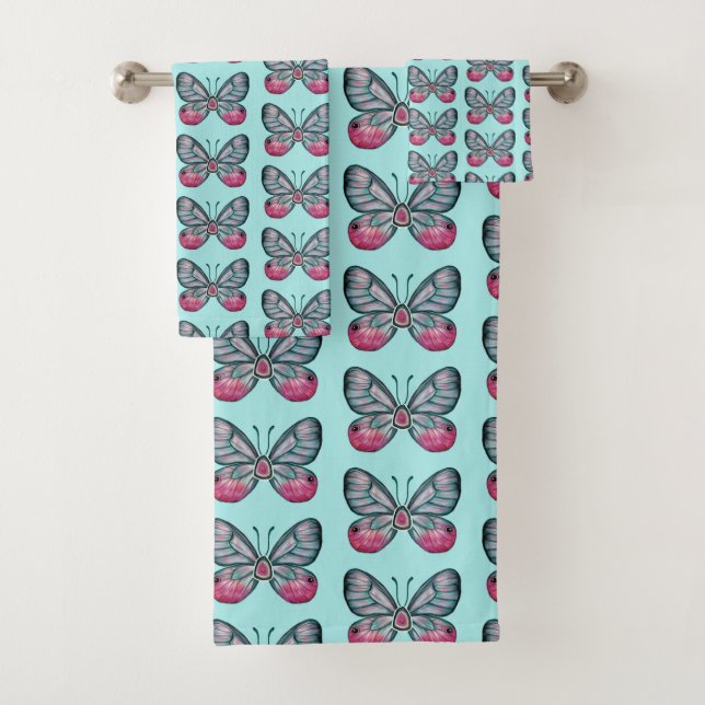 October Teal Glasswing Butterfly Pattern Design Bath Towel Set (Insitu)