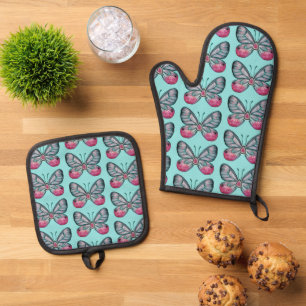 October Teal Glasswing Butterfly Pattern Design Oven Mitt & Pot Holder Set