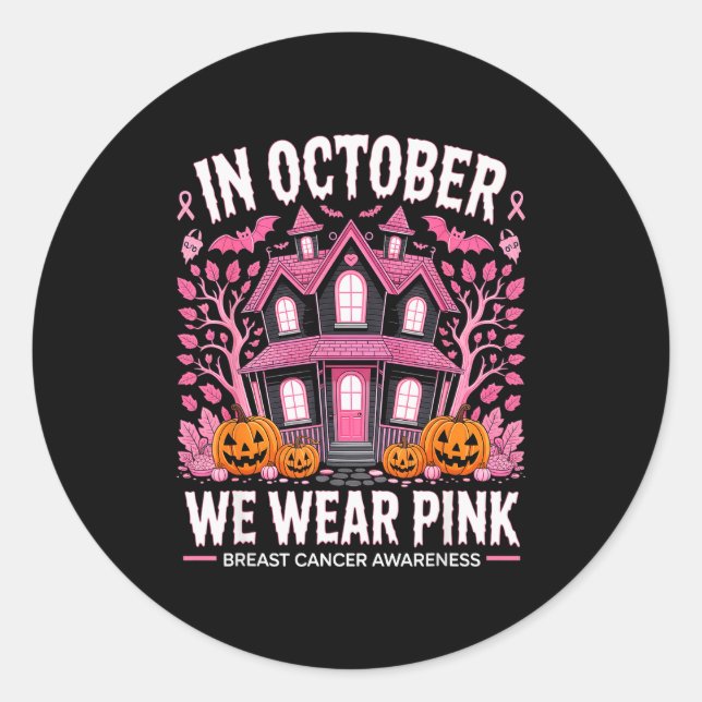 October We Wear Nk Breast Cancer Halloween Men Wom Classic Round Sticker (Front)