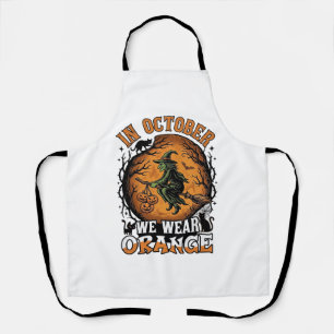 October We Wear Orange Flying Witch Pumpkins Black Apron
