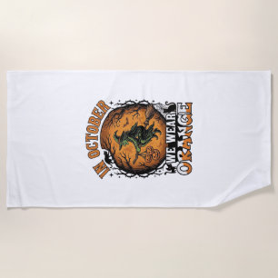 October We Wear Orange Flying Witch Pumpkins Black Beach Towel
