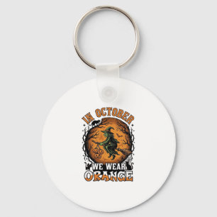 October We Wear Orange Flying Witch Pumpkins Black Key Ring