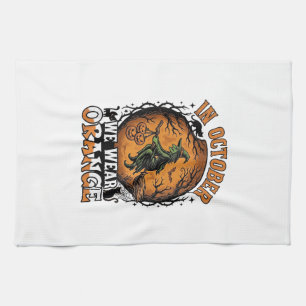 October We Wear Orange Flying Witch Pumpkins Black Tea Towel