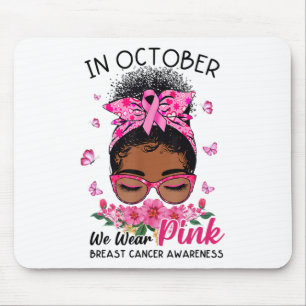 October We Wear Pink Black Women Messy Bun Breast Mouse Pad