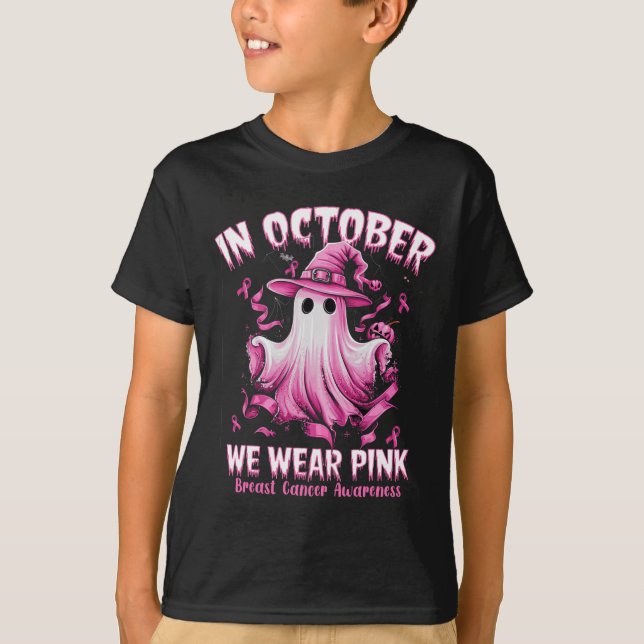 October We Wear Pink Ghost Witch Breast Cancer Awa T-Shirt (Front)