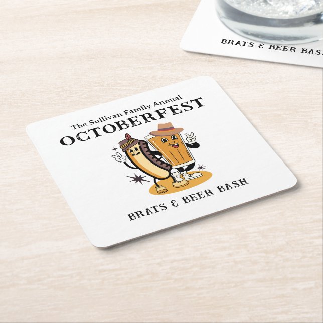 Octoberfest Brats and Beer Fall Party Retro Square Paper Coaster (Angled)