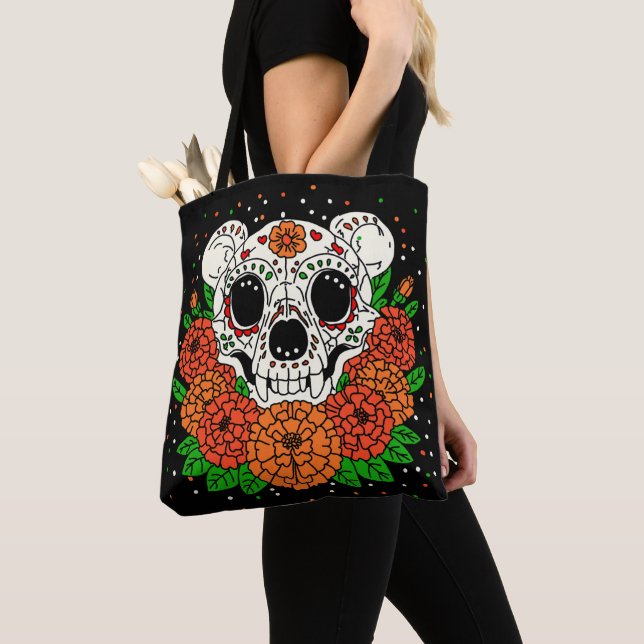 October's Marigolds & Bear Skull Tote Bag (Close Up)
