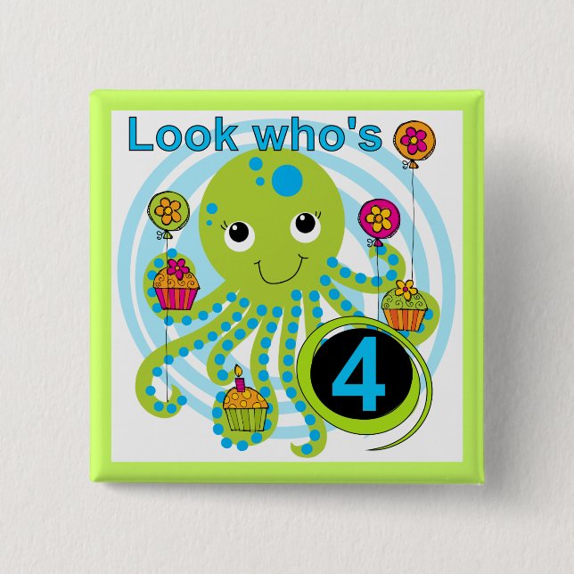 Octopus 4th Birthday T shirts and Gifts 15 Cm Square Badge (Front)