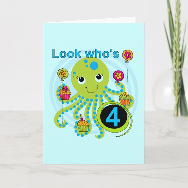 Octopus 4th Birthday T shirts and Gifts Card (Front)