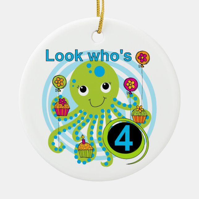 Octopus 4th Birthday T shirts and Gifts Ceramic Tree Decoration (Front)