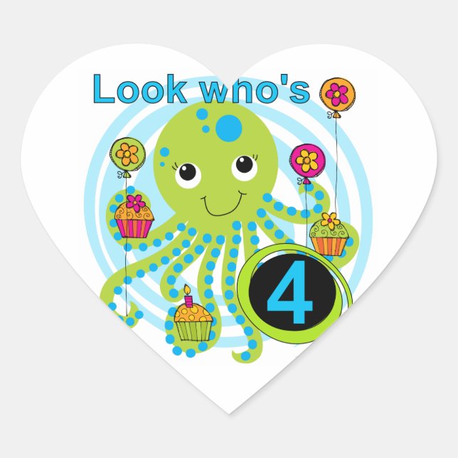 Octopus 4th Birthday T shirts and Gifts Heart Sticker (Front)