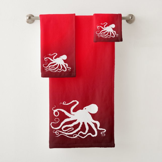 Octopus 6 on Red - Bathroom Towel Set (Insitu)